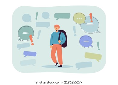 School boy walking near speech bubbles and exclamation marks. Information, dialog balloons and tiny kid flat vector illustration. communication concept for banner, website design or landing web page