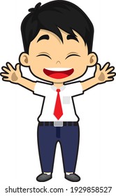 School boy wave hand happily vector