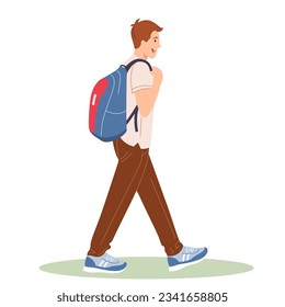 School boy wear uniform with rucksack going to school. Student with backpack go for education and knowledge. Back to school. Cartoon flat vector illustration isolated on white background