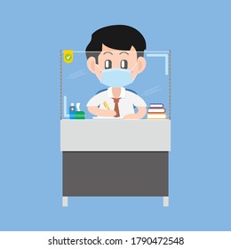 School boy wearing mask learning in table with anti spray or glass mounted sneeze guard due to New Normal Safety Protocols.  School and coronavirus spread among children concept.