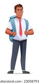 School boy wearing uniform and backpack. Cartoon character illustration 