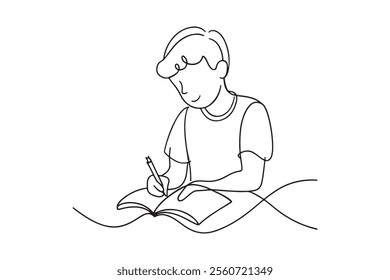 
School boy writing on notebook Continuous line art flat vector illustration.