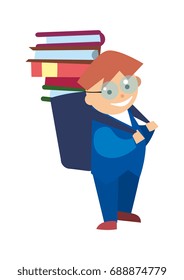 School boy. Young school boy carrying textbook stack in backpack isolated on white background. Pupil character vector illustration
