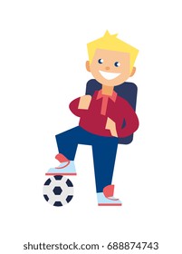 School boy. Young school boy kid with soccer ball isolated on white background. Child character vector illustration
