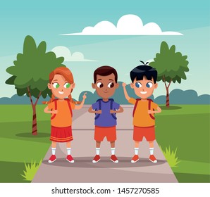 School boys with backpacks at park scenery cartoons vector illustration graphic design
