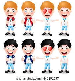 School Boys Character with Different Hand Gestures and Different Facial Expressions on White Background. Vector Illustration
