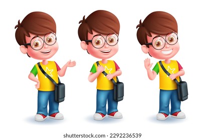Schülerjungen Charakter Vektordesign. Zurück zur Schule, kluger Junge im Stehen und Wellen Posen. Kollektion von Unterrichtsfiguren für Vektorgrafik. 