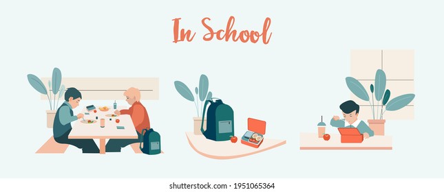 School boys eating at cafeteria from lunch box. Collection of school study illustrations. Backpack and lunchbox at the table. Editable Vector