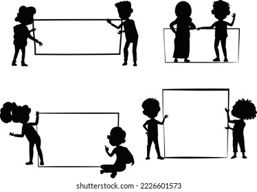 School boys and Girls holding empty banners isolated vector Silhouette