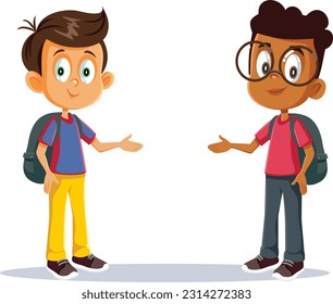 
School Boys Making as Presentation Gesture Together Vector Cartoon. Happy confident classmates making a recommendation together
