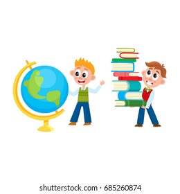 School boys - one studying globe, another carrying heavy book pile, cartoon vector illustration isolated on white background. One boy holding pile of books, another looking at globe with interest