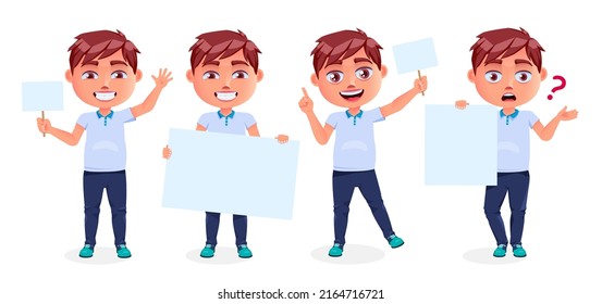 School boys presentation vector character set. School student kids holding and showing whiteboard and placard elements isolated in white background for students activity design. Vector illustration.
