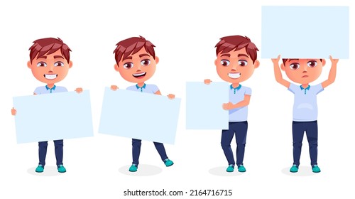 School boys presenting vector character set. School male kids holding and showing whiteboard elements isolated in white background for students presentation design. Vector illustration.
