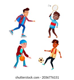 School Boys Sport Occupation Activity Set Vector. Schoolboys Riding Roller Skates, Playing Soccer Football, Basketball And Badminton Sport Games. Characters Active Time Flat Cartoon Illustrations