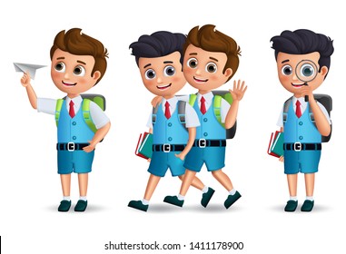 School boys vector character set. Student kids holding school items walking and talking with classmates isolated in white background for back to school. Vector illustration.