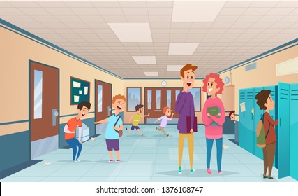 School Break. Trouble Pupils And Students Disorganized At School Break In Corridor Vector Cartoon Characters