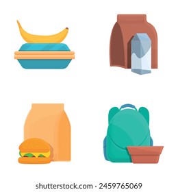 School breakfast icons set cartoon vector. Lunch box with various food. Packaged food