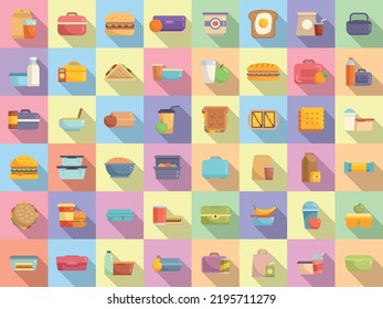 School breakfast icons set flat vector. Lunch bag. Bread break