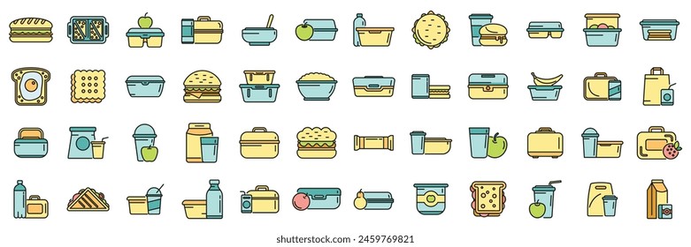 School breakfast icons set outline vector. Lunch bag. Bread break thin line color flat on white