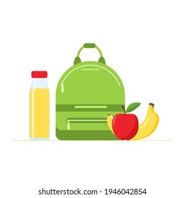 School Breakfast. Juicy Apple, Banana, Drink In Bottle, And School Backpack. Healthy School Meals For Children And Students. Vector Illustration In Cartoon Style, Isolated On White Background