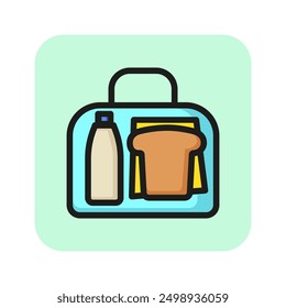 Schulfrühstückzeilensymbol. Tasche, Flasche, Sandwich. Lunch Box Konzept. Kann für Themen wie Snack, Essen, Ernährung verwendet werden