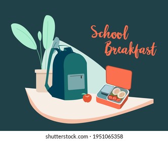 School breakfast. Lunch box, apple, backpack and plant at the table. Editable vector illustration