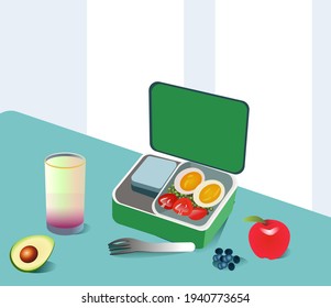 School breakfast, lunch box set. Illustration of healthy food. Editable vector illustration, banner for social media, website, flyer