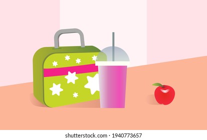 Desayuno escolar, almuerzo, bebidas. Ilustración vectorial editable, banner para medios sociales, sitio web, volante
