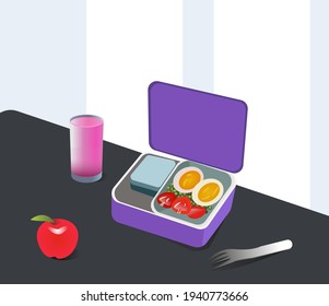 School breakfast, lunch box set. Illustration of healthy food. Editable vector illustration, banner for social media, website, flyer