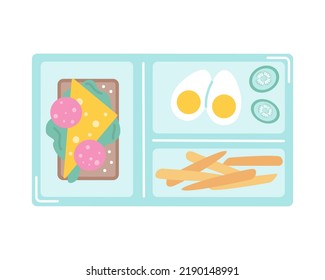 Desayuno escolar en bandeja, huevos, sandwich, pepinos y zanahorias. Ilustración plana vectorial sobre fondo blanco