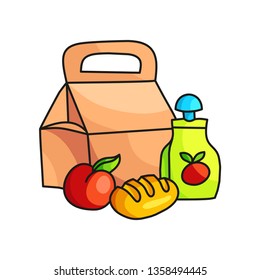 School breakfast in paper package with apple juice and fruit, bread