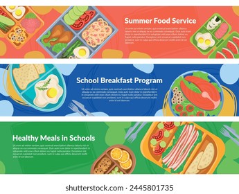 School breakfast summer food service banner design template set vector flat illustration. Childish healthy lunch meal in plastic container with vegetable meat fish eggs and bread in portion box