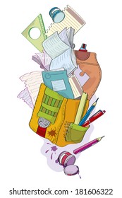 School brief case with notebook - illustration. Disorder in school brief case, writing-books, handles, ink are scattered. Illustration done in cartoon style.