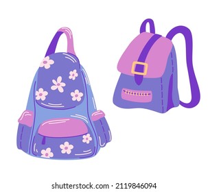 School briefcase. Back to school . Beautiful schoolbag for textbooks with flowers. Childrens subjects for study. Vector illustration in a flat style on a white background.