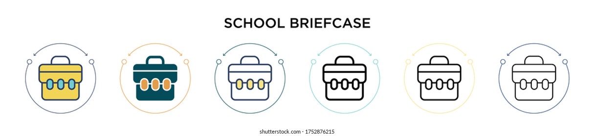 School briefcase icon in filled, thin line, outline and stroke style. Vector illustration of two colored and black school briefcase vector icons designs can be used for mobile, ui, web