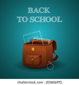 School briefcase with realistic skin texture and books on blue background