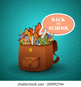 School briefcase with a realistic skin texture and hand-drawn school supplies on a blue background, school background