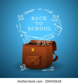 School briefcase with a realistic skin texture on a blue background, white icons of school supplies