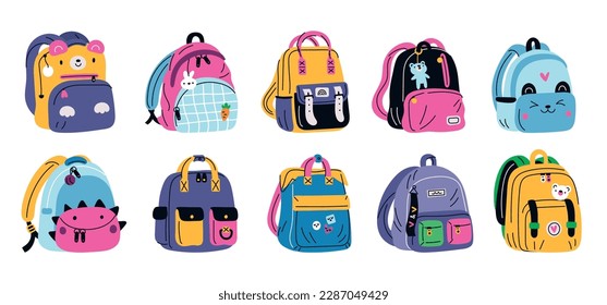 Mochilas brillantes en la escuela. Bolsas de niños coloridas. Caras de animales textiles. Pequeños objetos modernos de estudiantes. Accesorio de estudio. Mochilas de la universidad. Blasquitos aislados. Vector garish