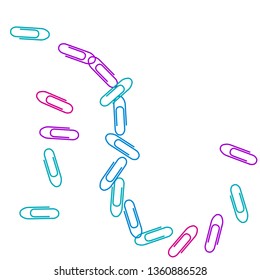 School bright paper clips isolated on white vector background. Pink, cyan blue, violet paperclips memo note and documents staple attach tools illustration. Plastic paperclips top view.