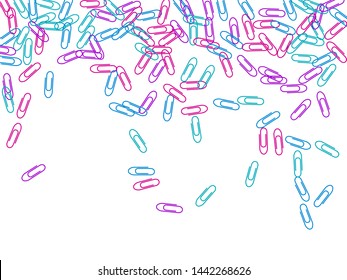 School bright paper clips isolated on white vector background. Pink, blue, purple paperclips memo note and documents staple attach tools illustration. Simple plastic paperclips.