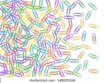 School bright paper clips isolated on white vector background. Pink red, blue, green, orange paperclips memo note and documents staple attach tools illustration. Plastic paperclips backdrop.