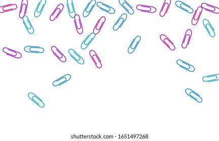 School bright paper clips isolated on white vector background. Pink, blue, violet paperclips memo note and documents staple attach tools illustration. Plastic paperclips top view.