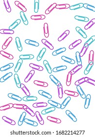 Colegios de papel brillante aislados en fondo vectorial blanco. Notas memo de clips rosas, azules y violetas y ilustración de herramientas de acoplamiento básico de documentos. Sencillos clips de plástico.