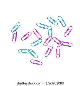 School bright paper clips isolated on white vector background. Pink crimson, blue, purple paperclips memo note and documents staple attach tools illustration. Plastic paperclips top view.