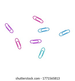 School bright paper clips isolated on white vector background. Pink crimson, blue, purple paperclips memo note and documents staple attach tools illustration. Plastic paperclips pile.