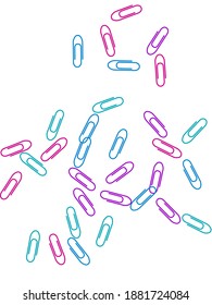 School bright paper clips isolated on white vector background. Magenta, blue, purple paperclips memo note and documents staple attach tools illustration. Plastic paperclips pile.