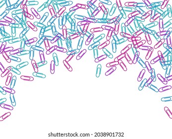 School bright paper clips isolated on white vector background. Pink crimson, blue, purple paperclips memo note and documents staple attach tools illustration. Plastic paperclips backdrop.