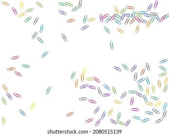 School bright paper clips isolated on white vector background. Pink red, blue, green, orange paperclips memo note and documents staple attach tools illustration. Simple plastic paperclips.