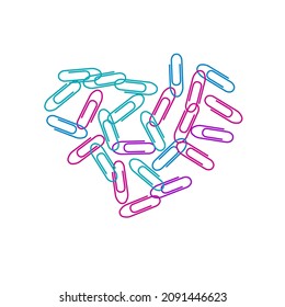 School bright paper clips isolated on white vector background. Pink, blue, purple paperclips memo note and documents staple attach tools illustration. Plastic paperclips pile.